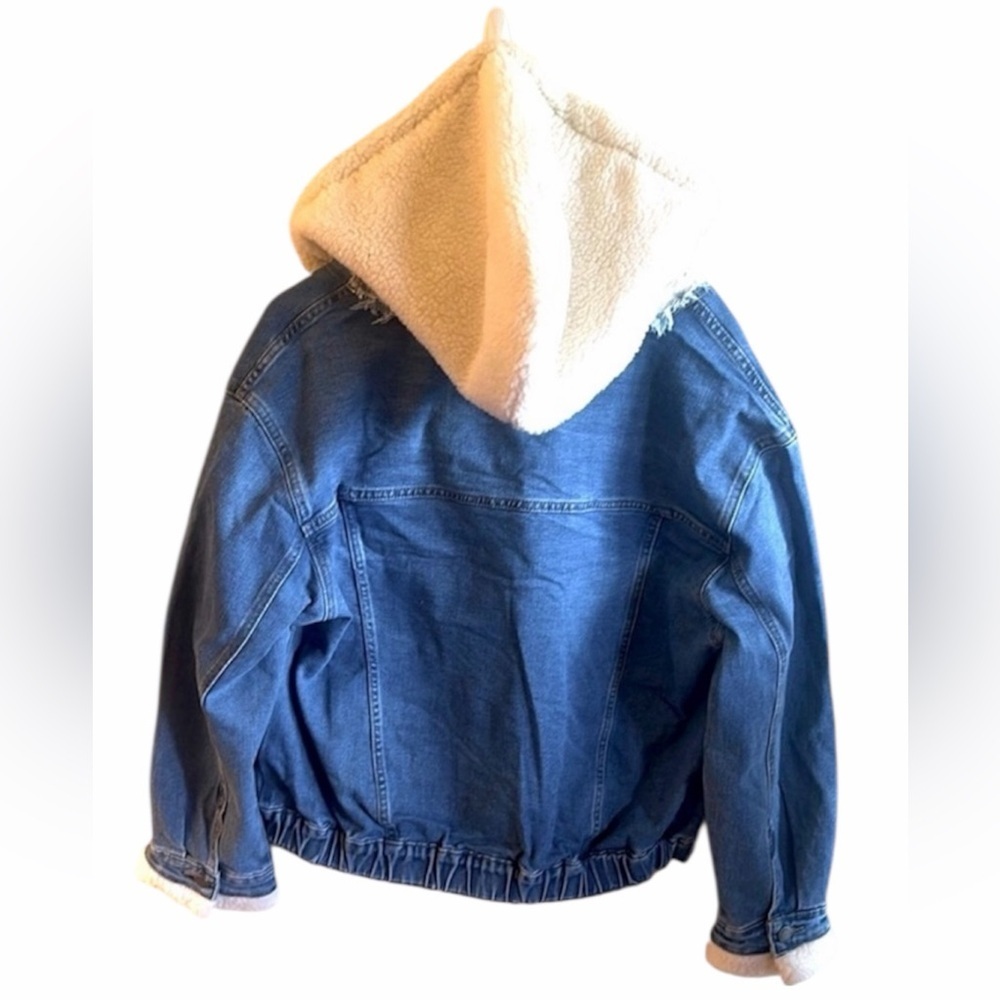 Veveret Faux Fur Hooded Denim Jacket Size Large Blue Collared Neckline Sherpa - Picture 6 of 15